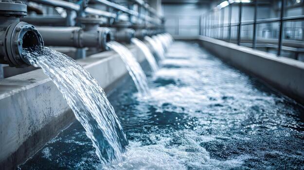 water flowing from industrial pipes into a large tank in a modern water treatment facility photo