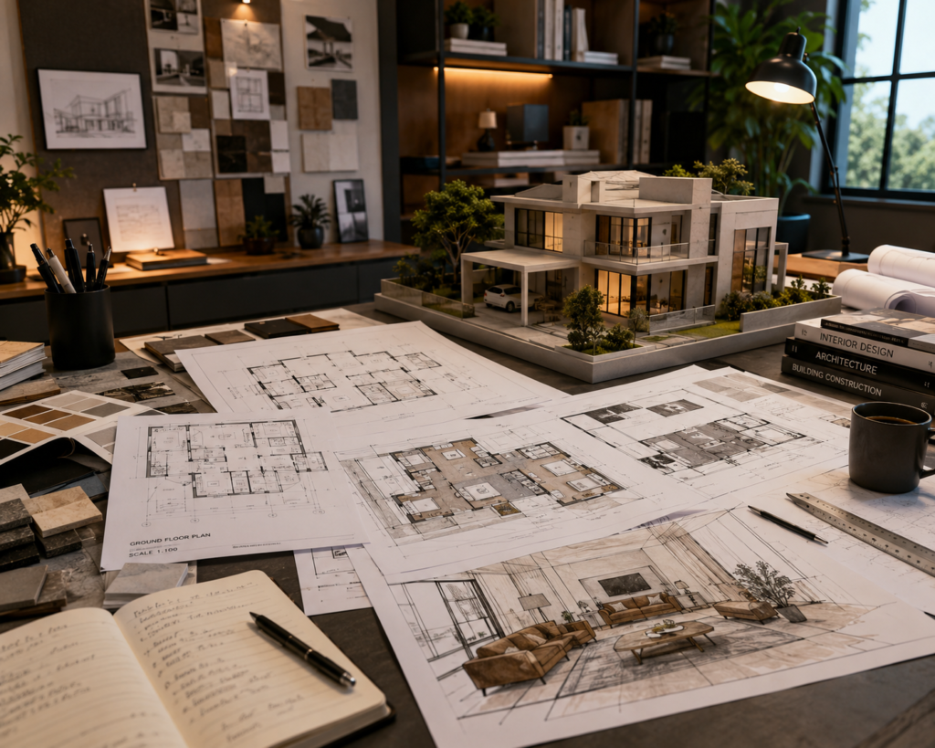 table scattered with plans
